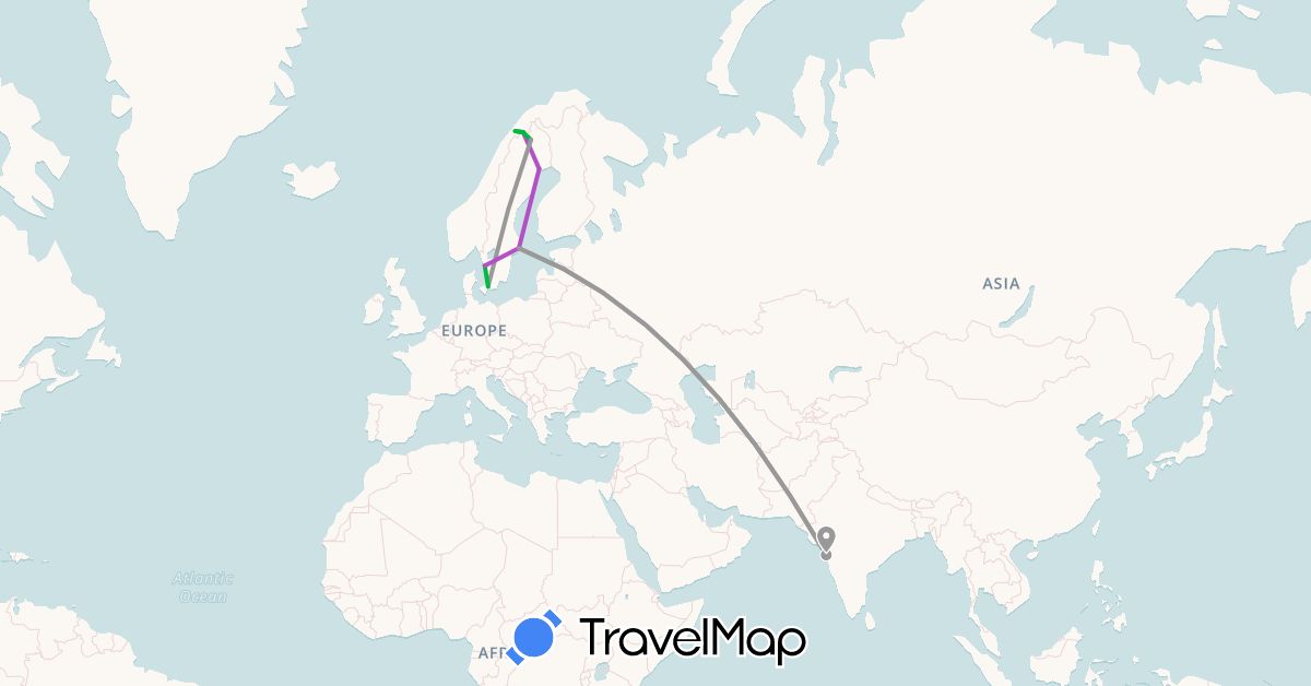 TravelMap itinerary: driving, bus, plane, train in Denmark, India, Norway, Sweden (Asia, Europe)